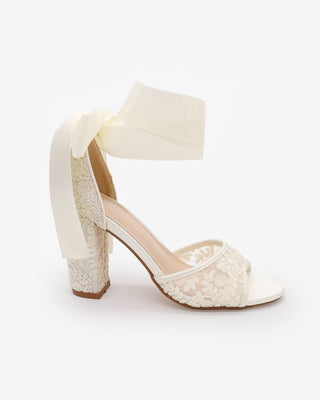 Crochet Lace Block Heel Sandals with Wrapped Ribbon Tie