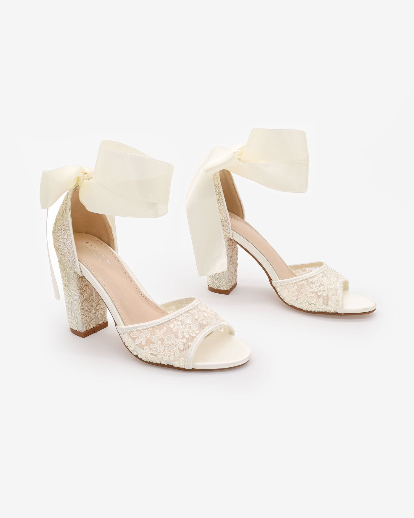 Crochet Lace Block Heel Sandals with Wrapped Ribbon Tie - Glamourous Grace