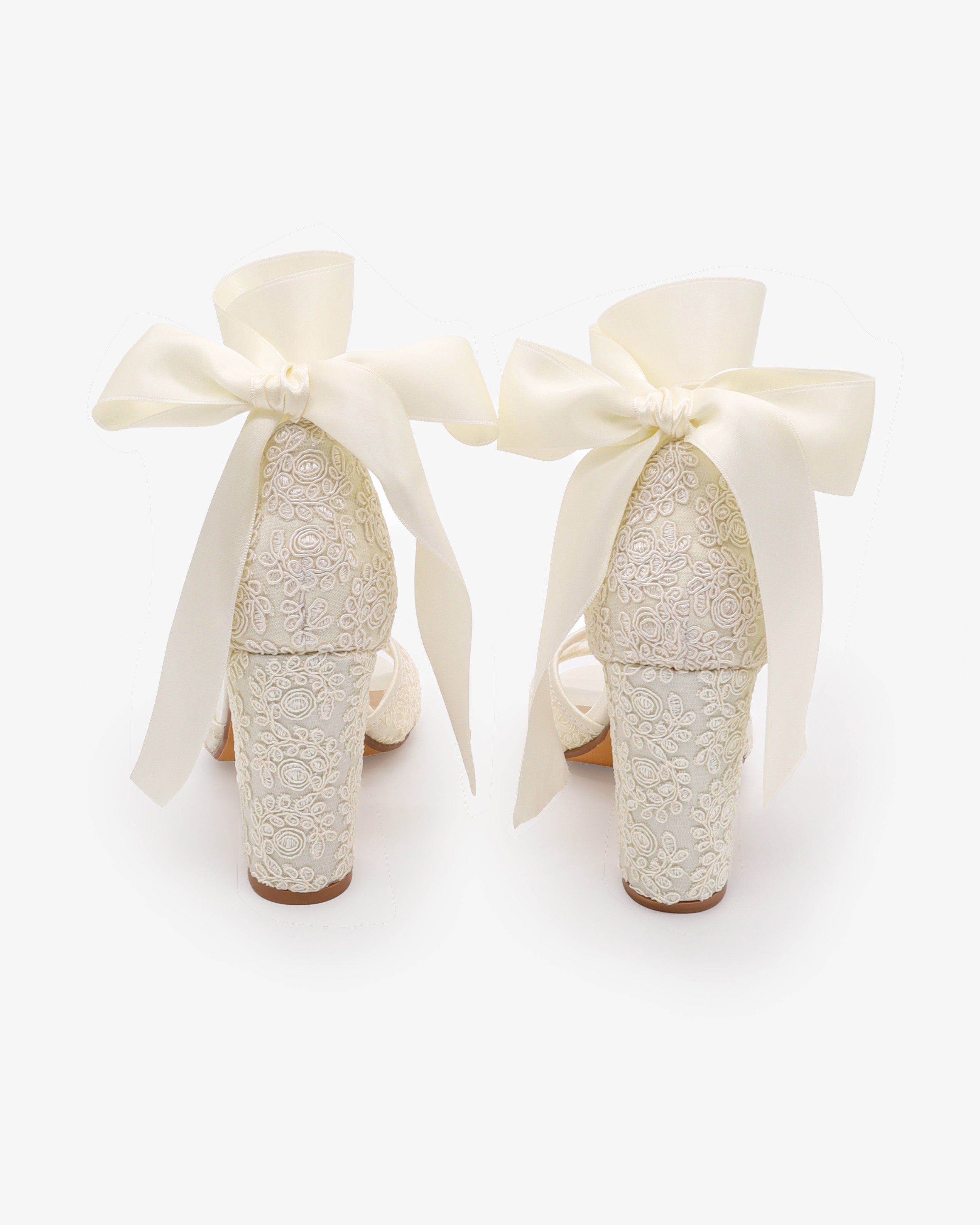 Crochet Lace Block Heel Sandals with Wrapped Ribbon Tie