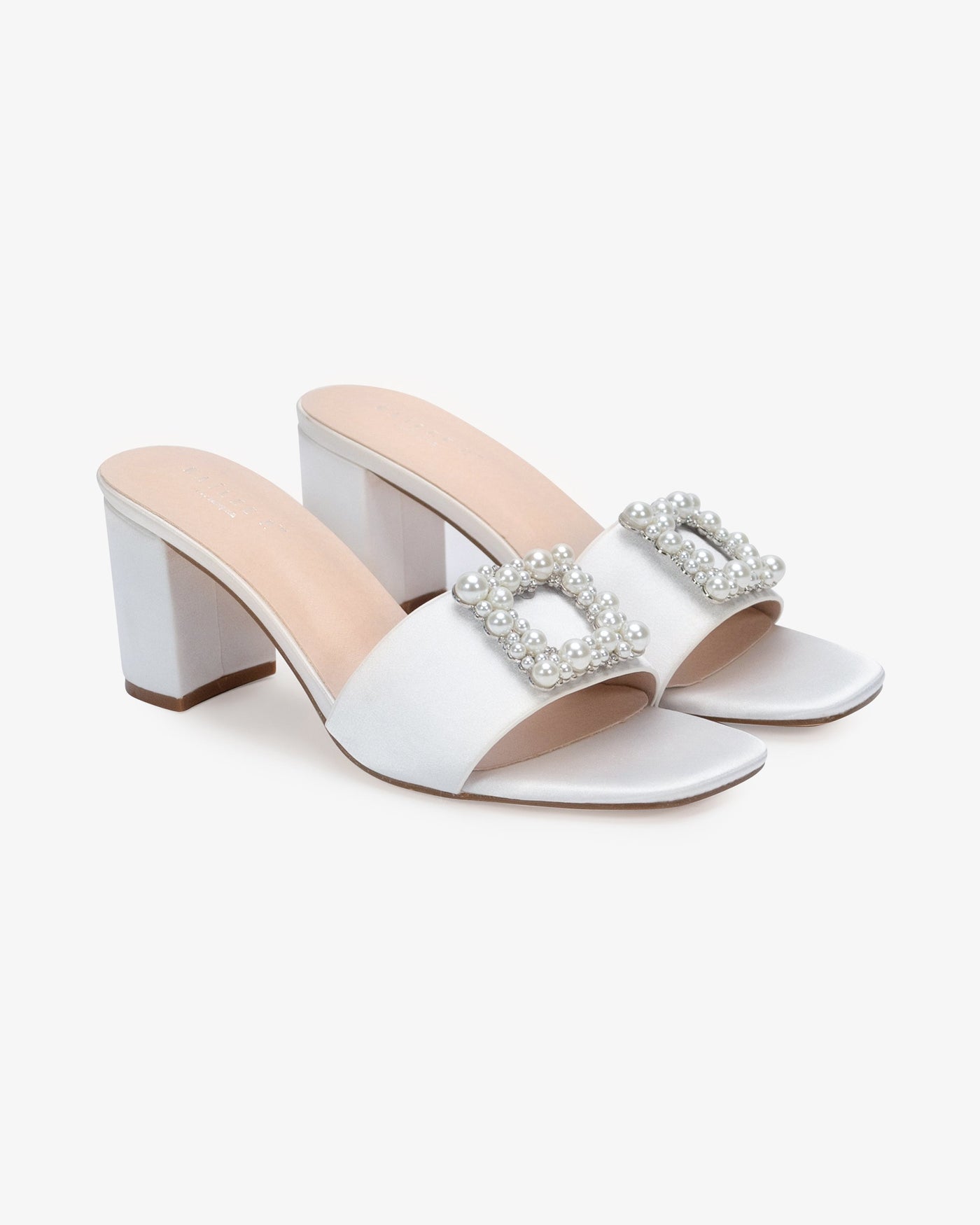 Satin Block Heels Slide Wedding Sandals with Pearlisse Buckle - Glamourous Grace