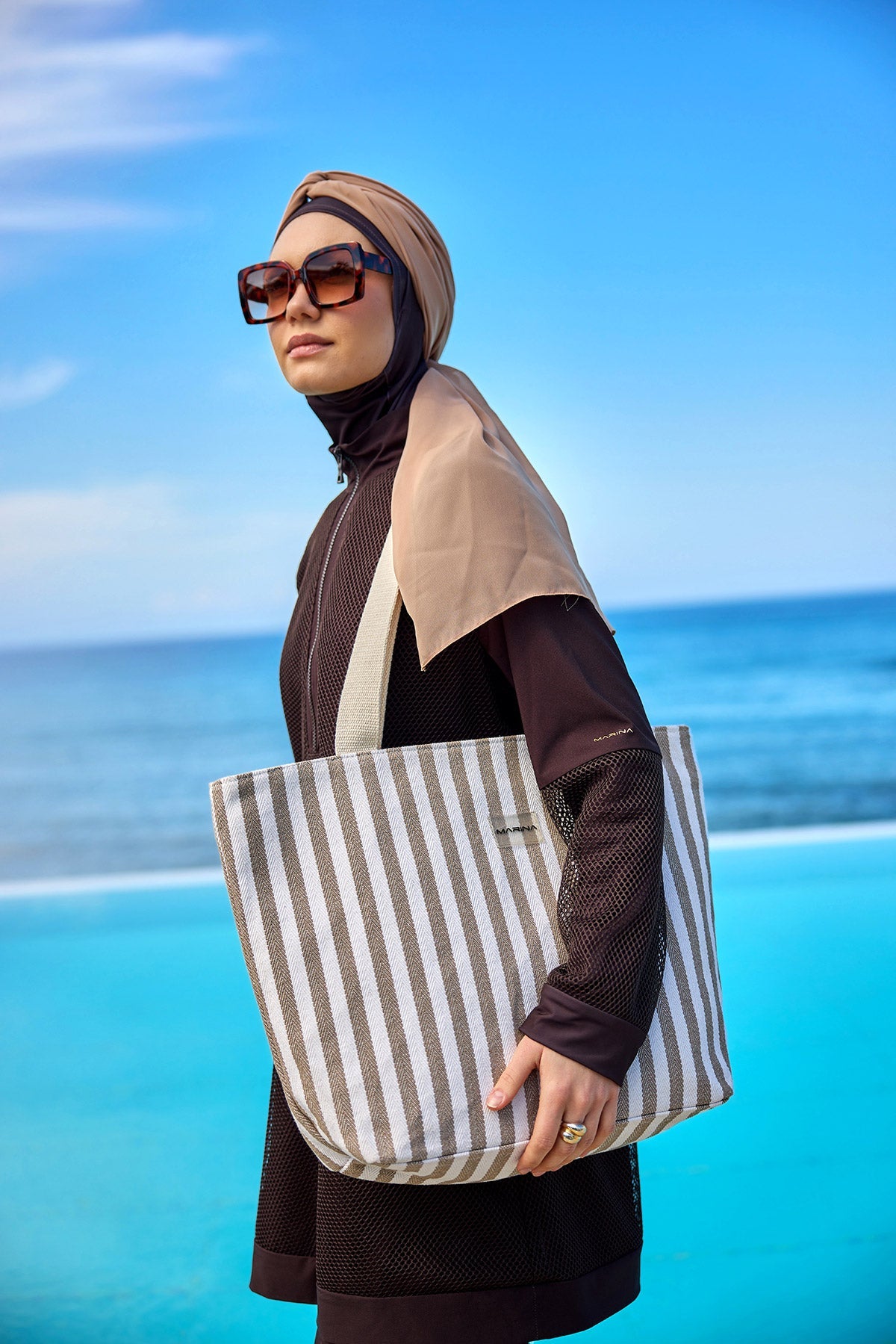 Beige Striped Cotton Beach Bag with Zipper CA2503-1 - Glamourous Grace