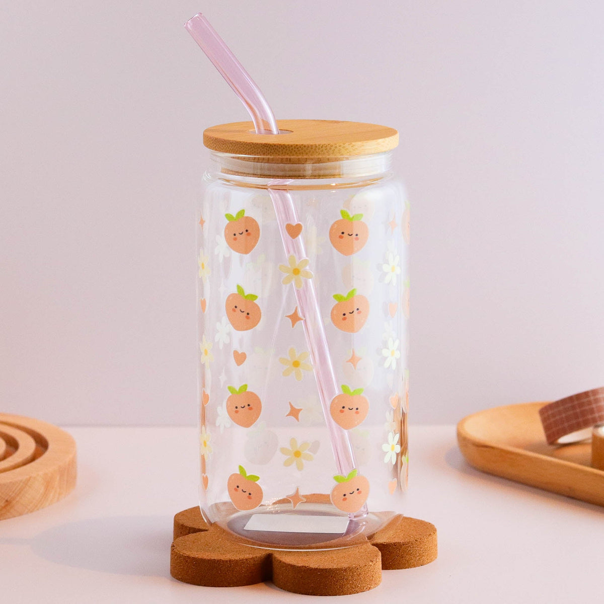 Peaches and Daisies 16 oz Glass Cup Set - Glamourous Grace