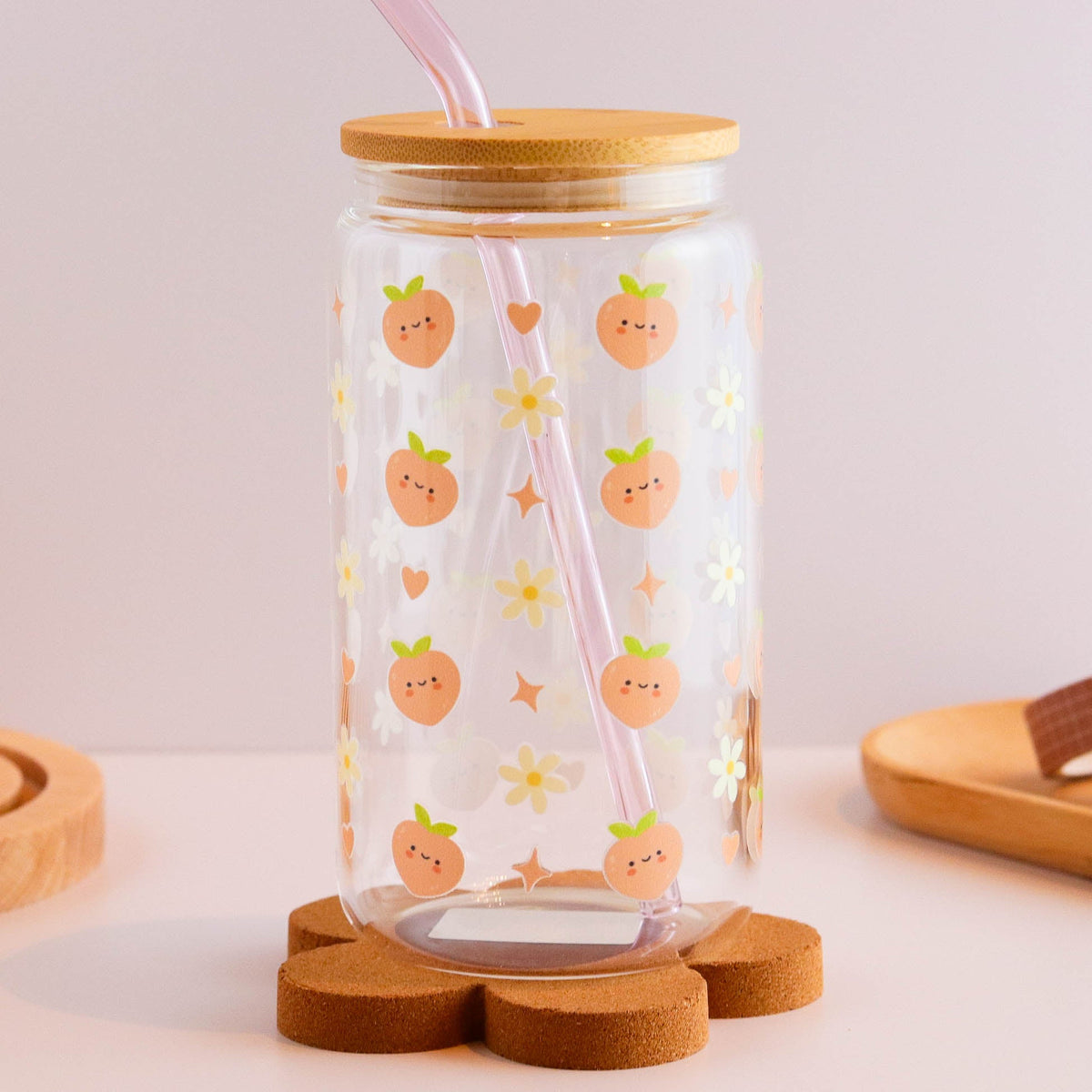 Peaches and Daisies 16 oz Glass Cup Set - Glamourous Grace