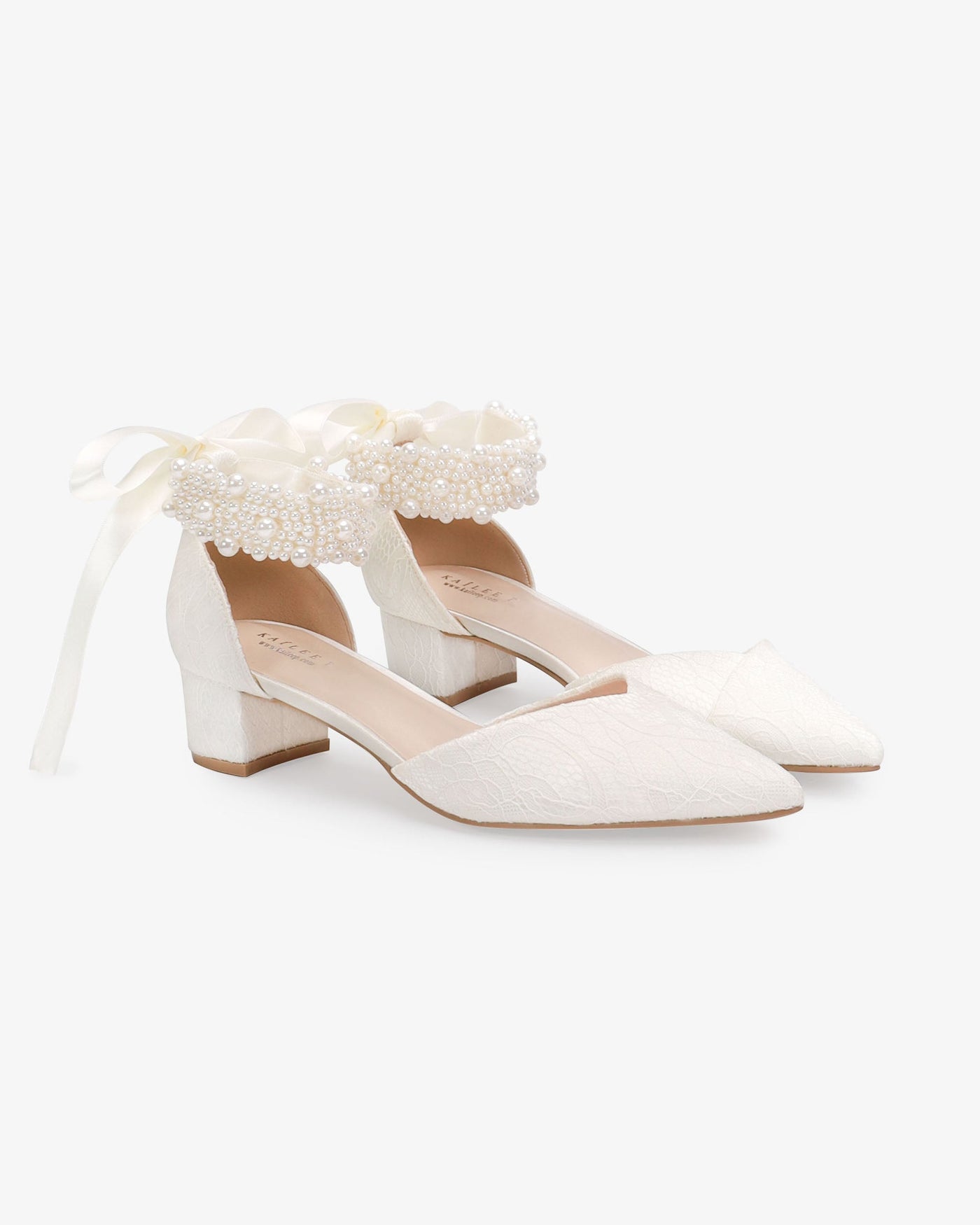 Lace Pointy Toe Low Block Heels Wedding Shoes with Perla Ankle Strap - Glamourous Grace