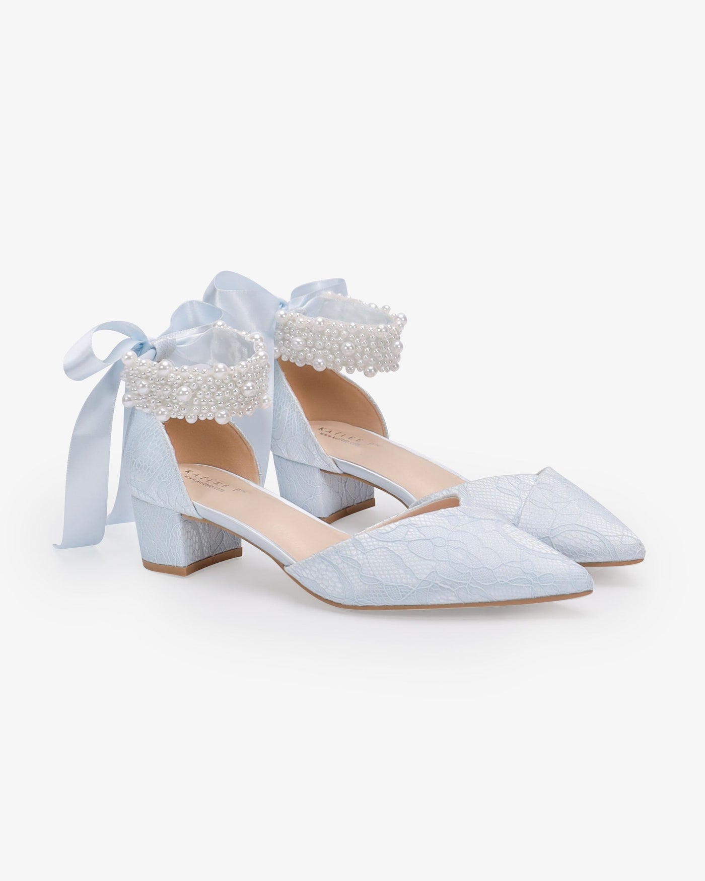 Lace Pointy Toe Low Block Heels Wedding Shoes with Perla Ankle Strap - Glamourous Grace