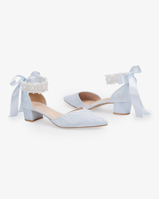 Lace Pointy Toe Low Block Heels Wedding Shoes with Perla Ankle Strap