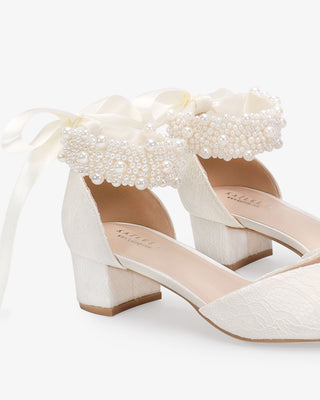 Lace Pointy Toe Low Block Heels Wedding Shoes with Perla Ankle Strap