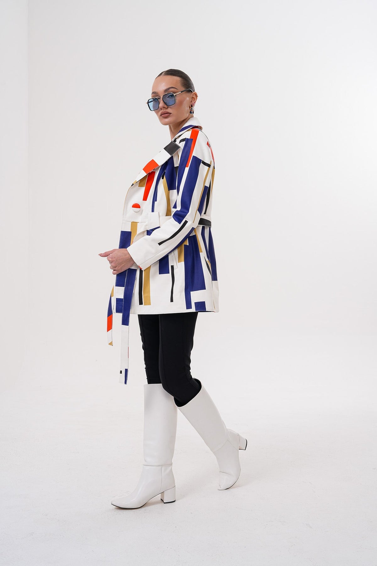 Sienna Abstract Art Leather Women Jacket – Red Navy Edition