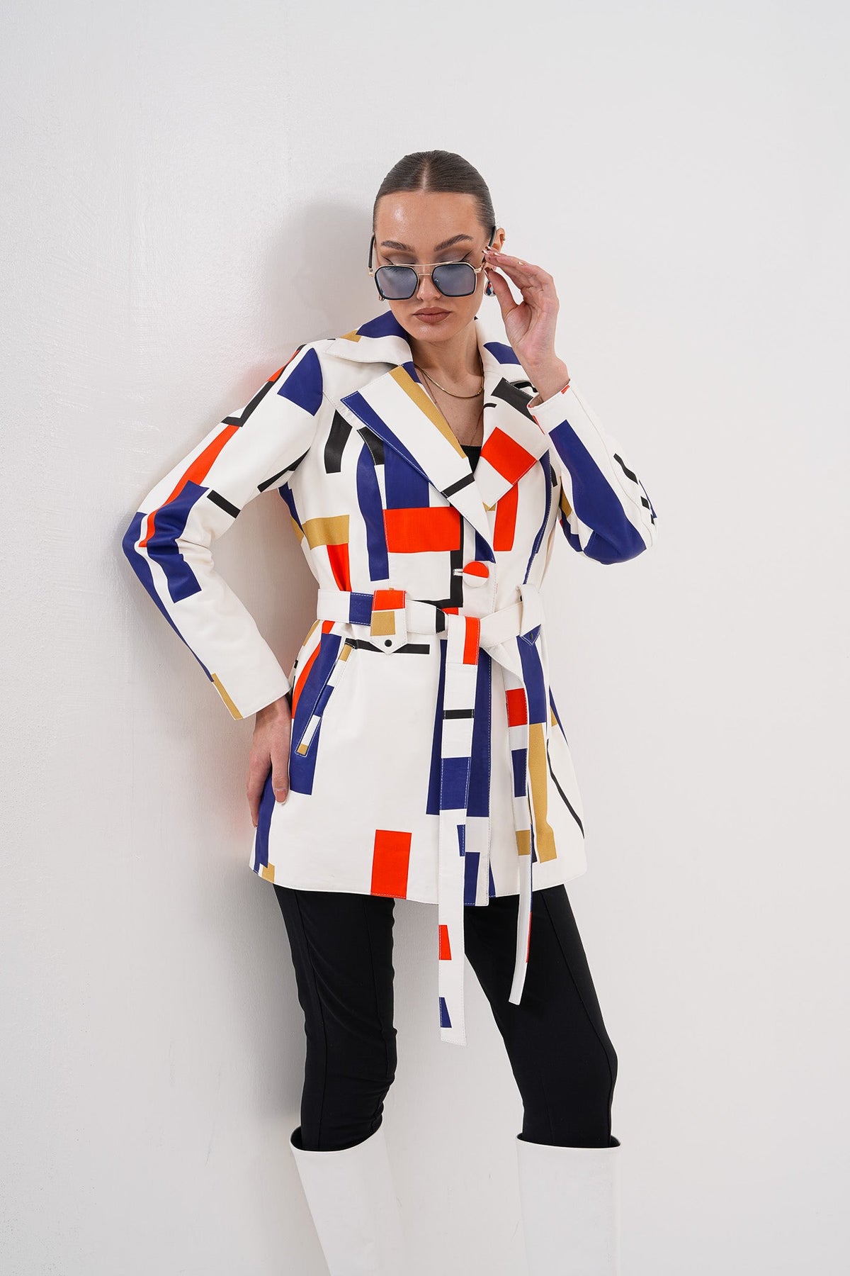 Sienna Abstract Art Leather Women Jacket – Red Navy Edition