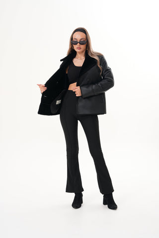 The Zurich Double-Breasted Black Shearling Leather Women Jacket