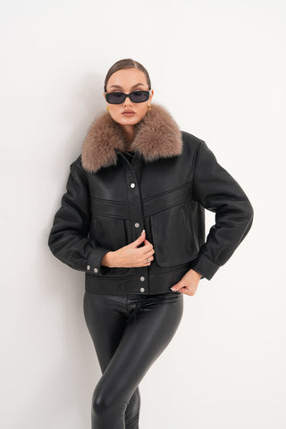 The Auretta Brown Collar Shearling Leather Women Jacket