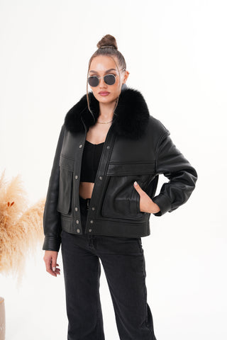 The Auretta Black Shearling Leather Women Jacket