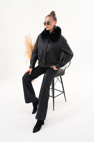 The Auretta Black Shearling Leather Women Jacket