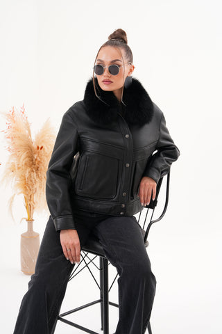 The Auretta Black Shearling Leather Women Jacket