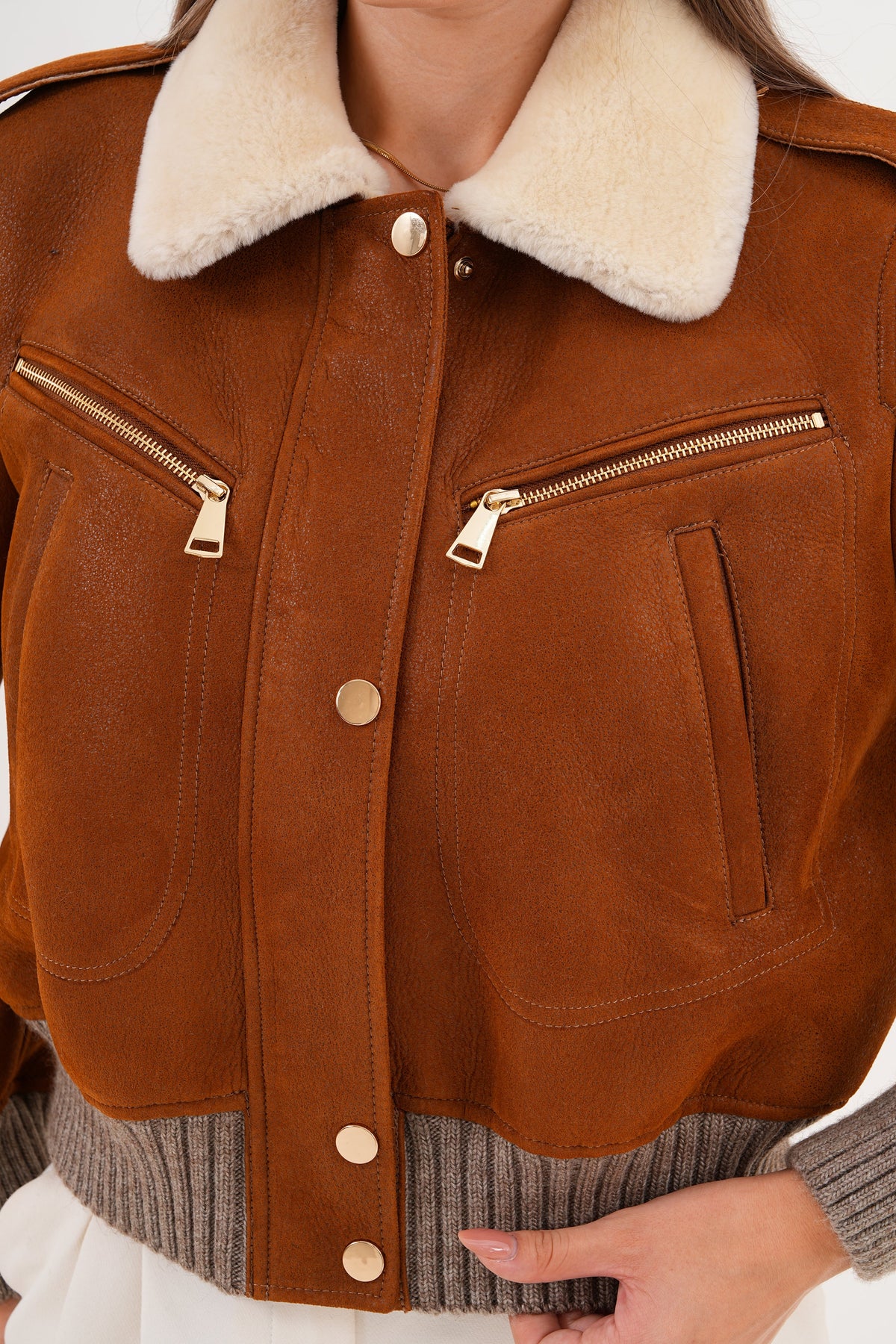 The Amber Shearling Collar Brown Suede Women Leather Jacket