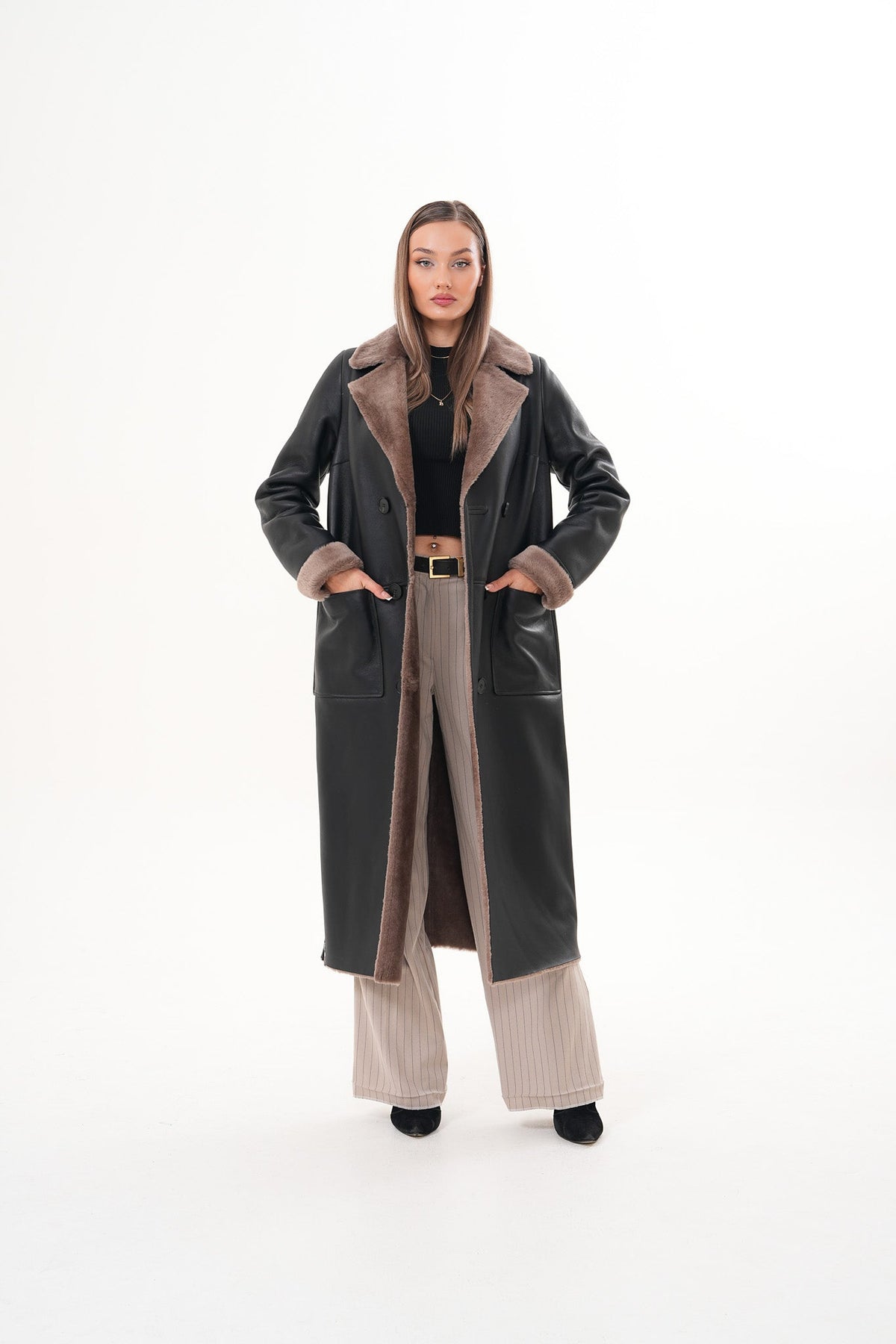 The Florence Long Shearling Black Leather Women Jacket