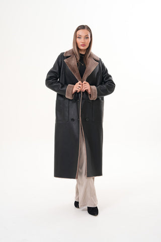 The Florence Long Shearling Black Leather Women Jacket