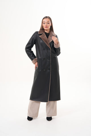 The Florence Long Shearling Black Leather Women Jacket