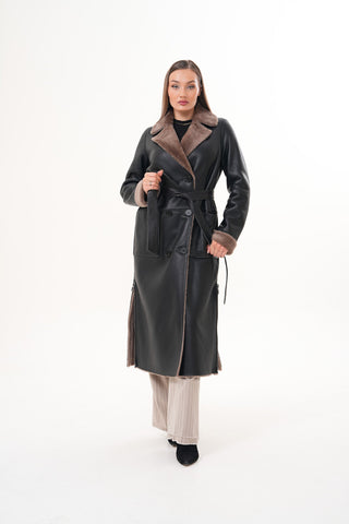 The Florence Long Shearling Black Leather Women Jacket
