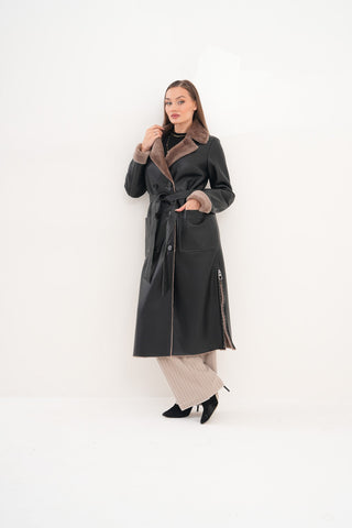 The Florence Long Shearling Black Leather Women Jacket