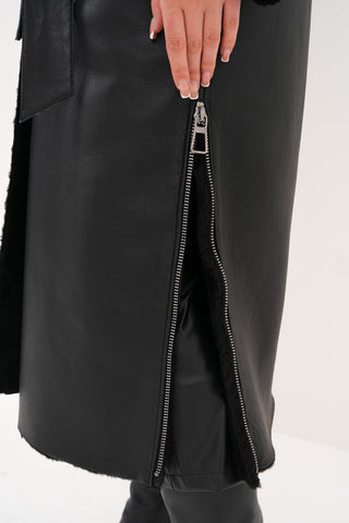 The Raven Long Shearling Black Leather Women Leather Jacket