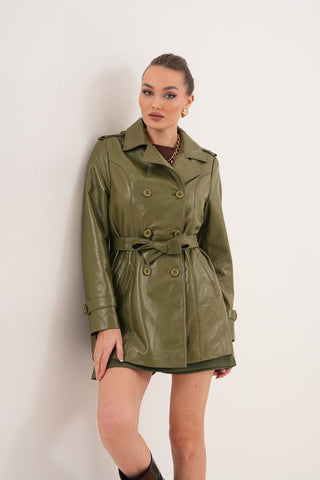 The Caelith Olive Green Leather Women Trench Jacket