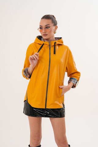 The Nyxara Reversible Hooded Mustard Yellow Leather Women Jacket
