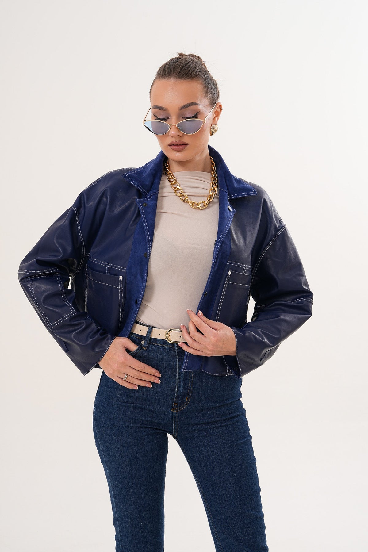 The Velmira Reversible Navy Blue Suede Leather Women Jacket