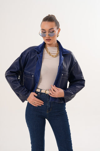 The Velmira Reversible Navy Blue Suede Leather Women Jacket