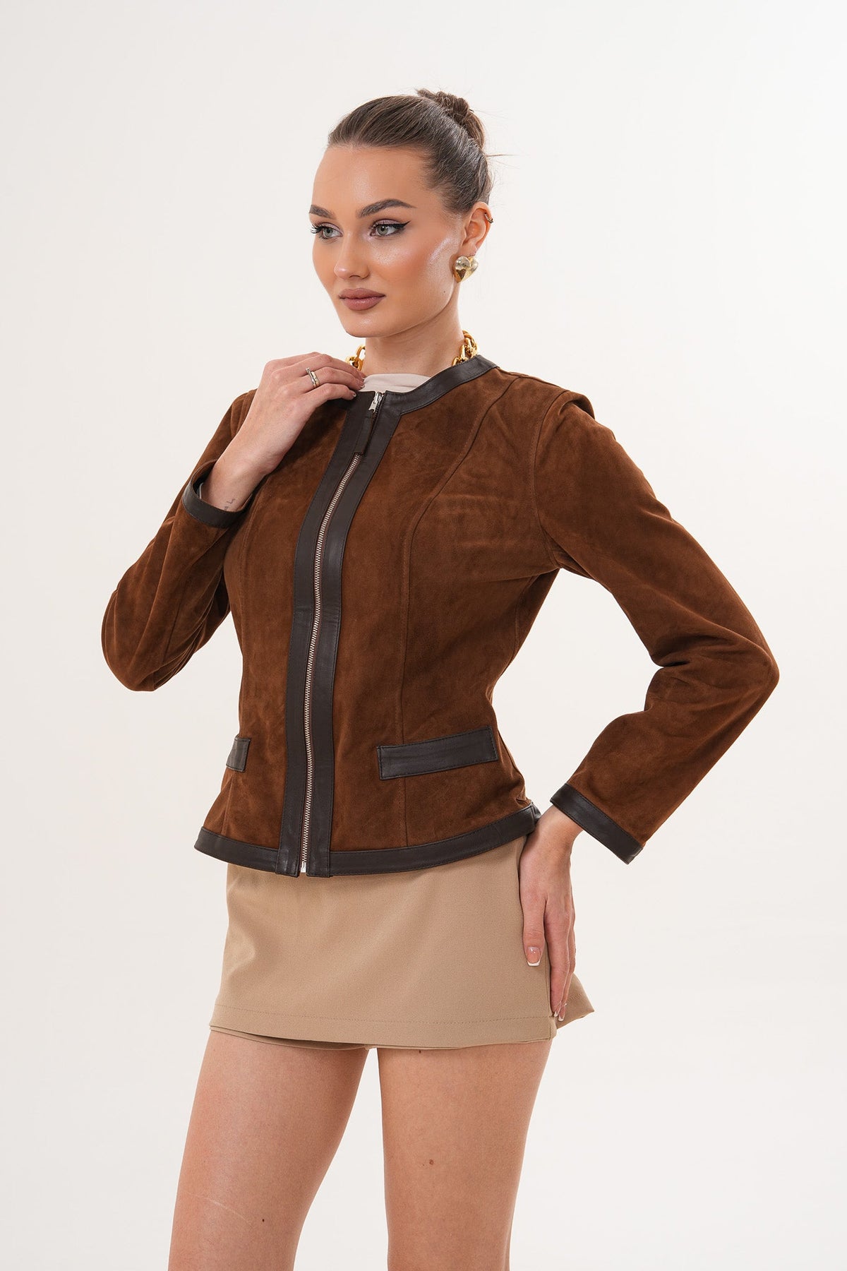 The Nyvessa Reversible Brown Suede & Dark Brown Leather Women Jacket