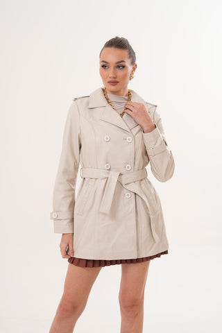The Caelith Light Beige Leather Women Trench Jacket