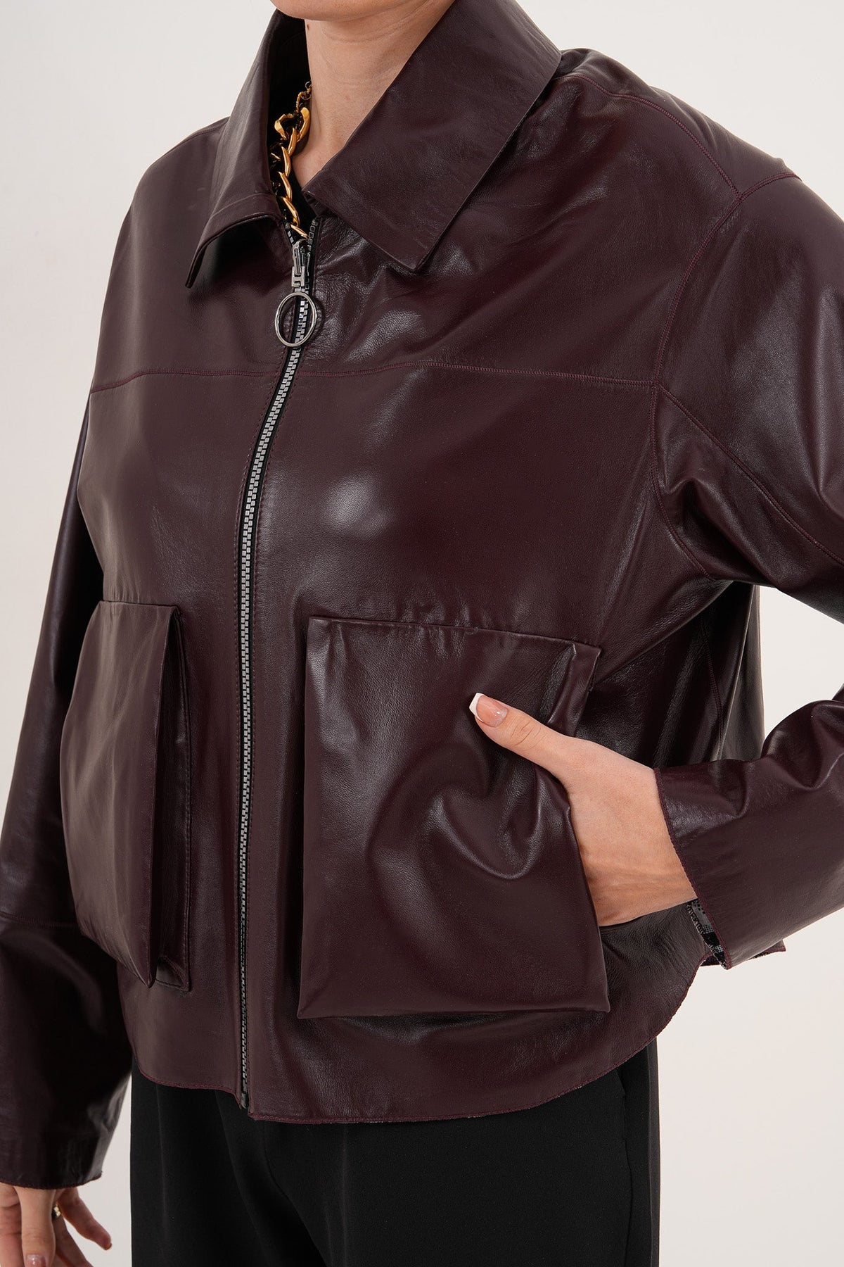 The Elvoria Reversible Burgundy Leather Women Jacket