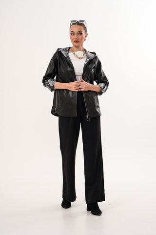 The Nyxara Reversible Hooded Black Leather Women Jacket