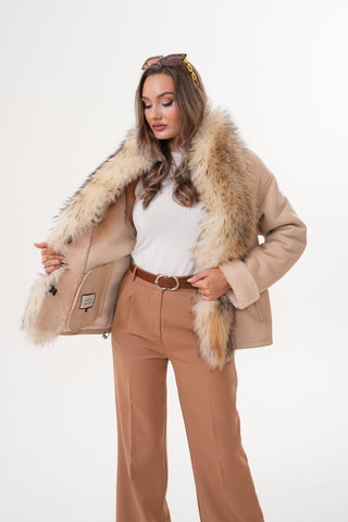 The Elise Beige Shearling Leather Women Jacket