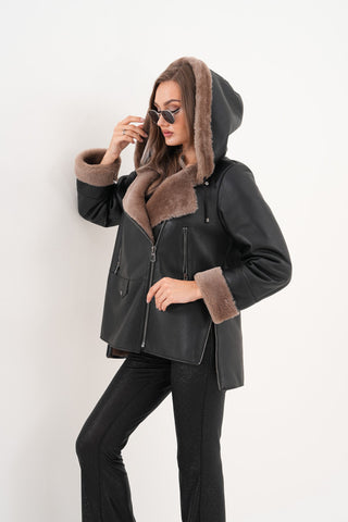 The Duchess Shearling Brown Leather Women Hooded Jacket