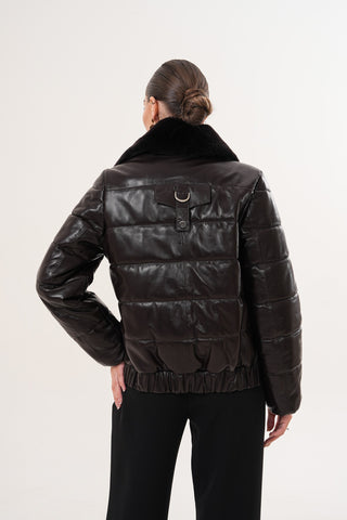 The Elvaris Dark Chocolate Leather Women Jacket with Fur Collar