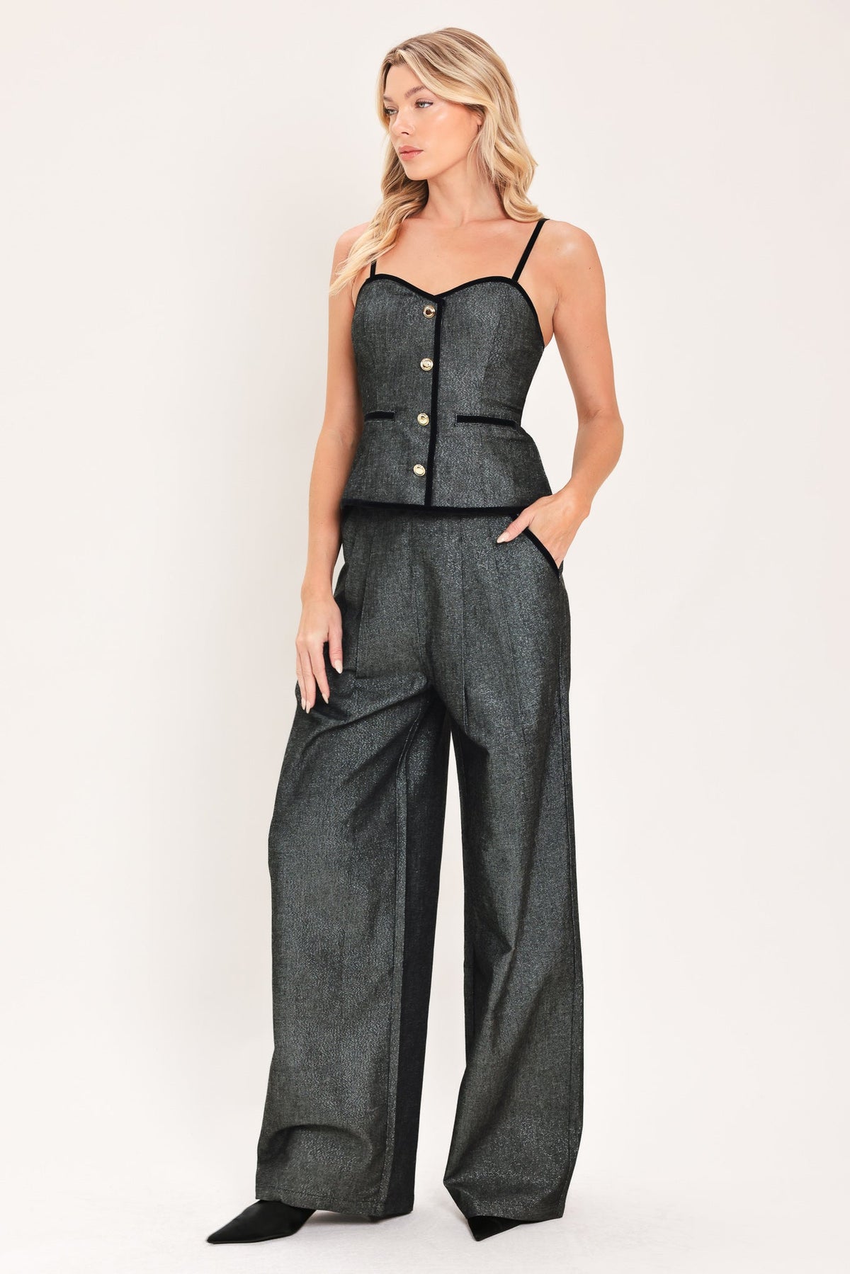 METALLIC HOURGLASS WOVEN WIDE LEG PANTS - Glamourous Grace