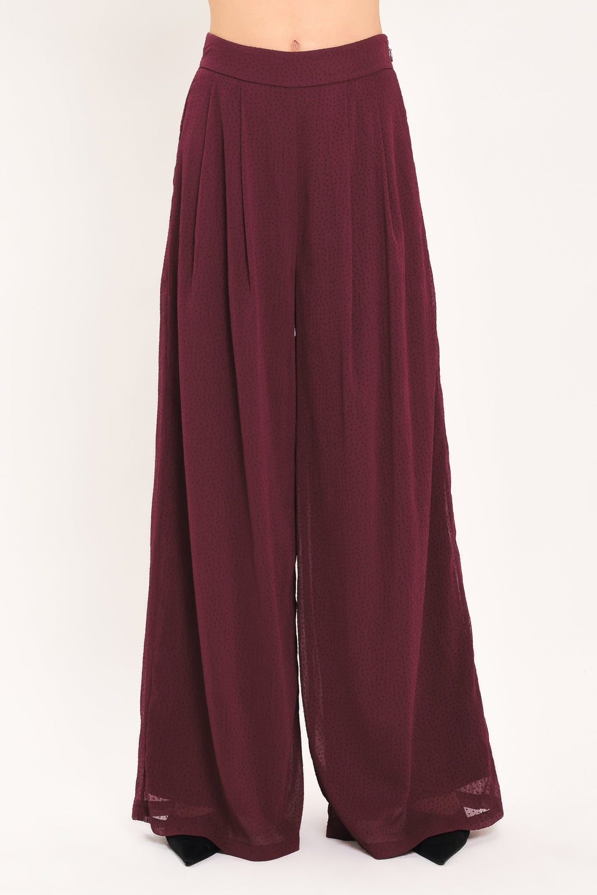 BORDEAUX SHEER DRAPE WOVEN WIDE LEG PANTS - Glamourous Grace