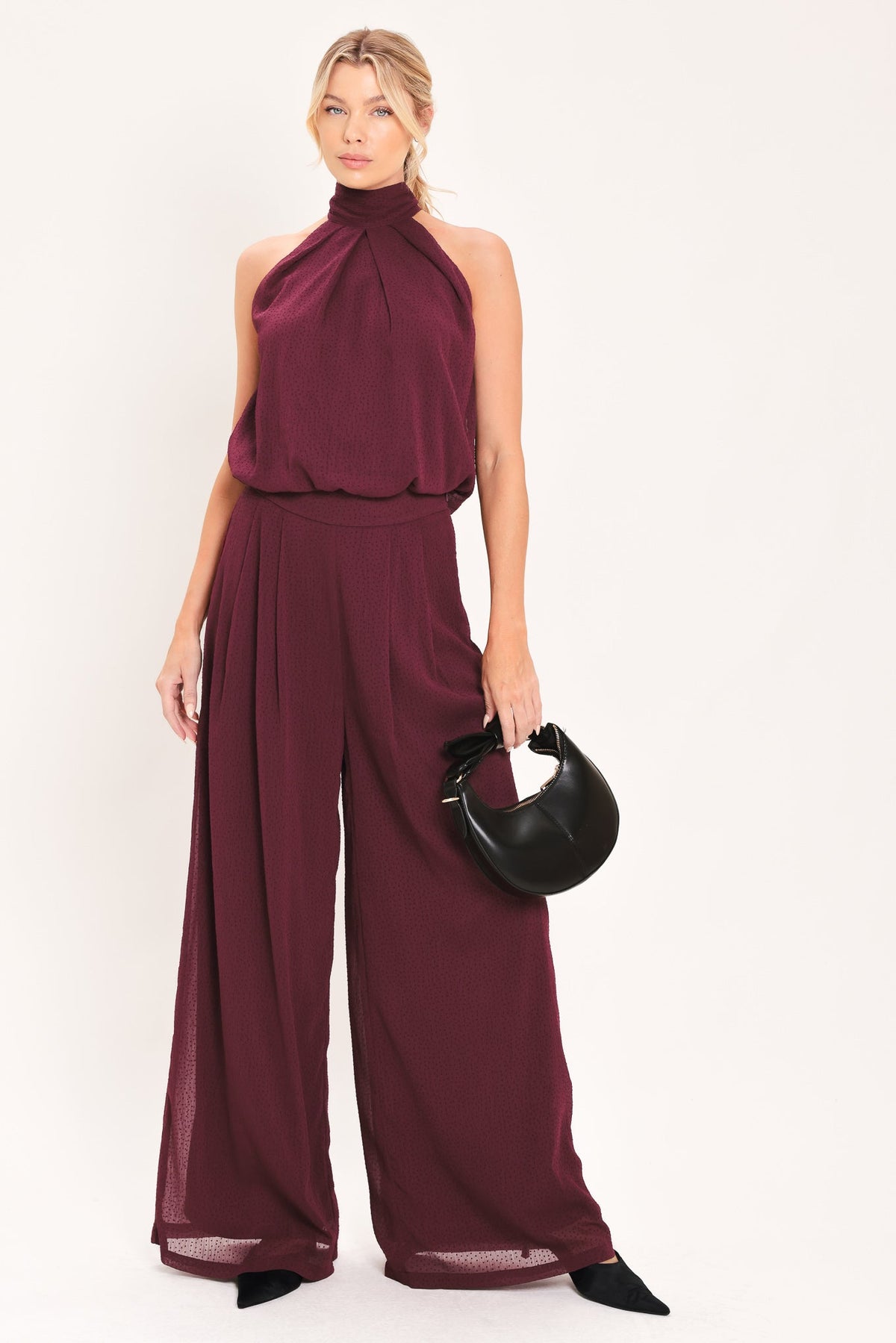 BORDEAUX SHEER DRAPE WOVEN WIDE LEG PANTS - Glamourous Grace