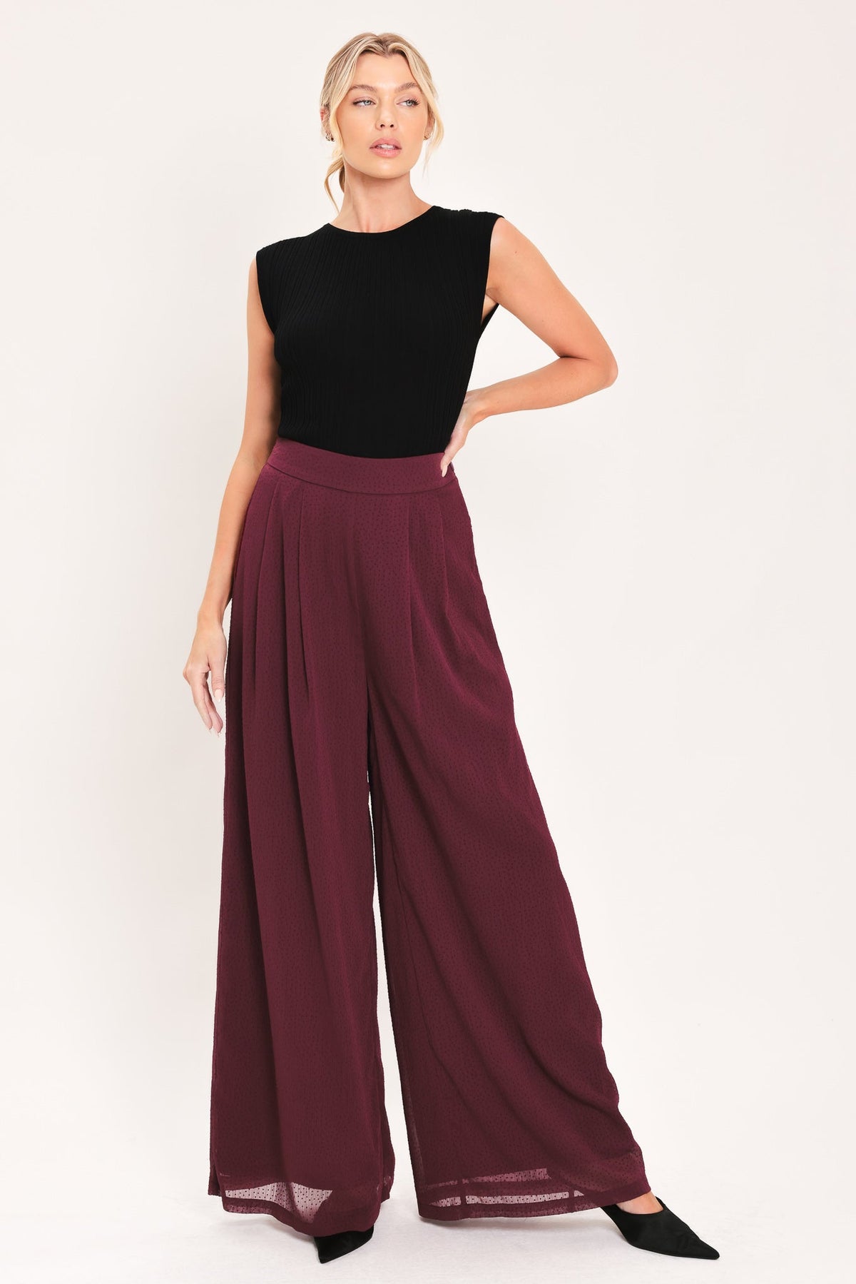 BORDEAUX SHEER DRAPE WOVEN WIDE LEG PANTS - Glamourous Grace