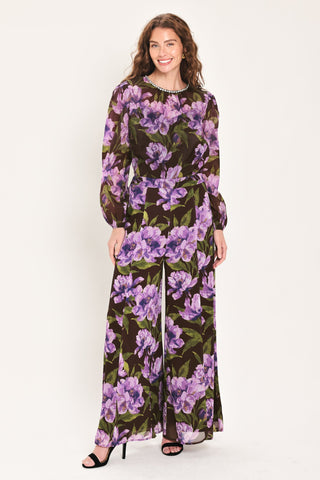 VINTAGE MERLOT WINE/PURPLE PRINTED WIDE-LEG PANTS