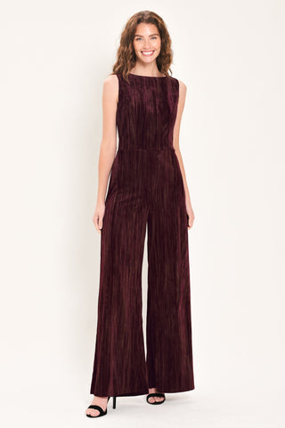 BORDEAUX NIGHTS BURGUNDY TEXTURED VELVET WIDE-LEG JUMPSUIT