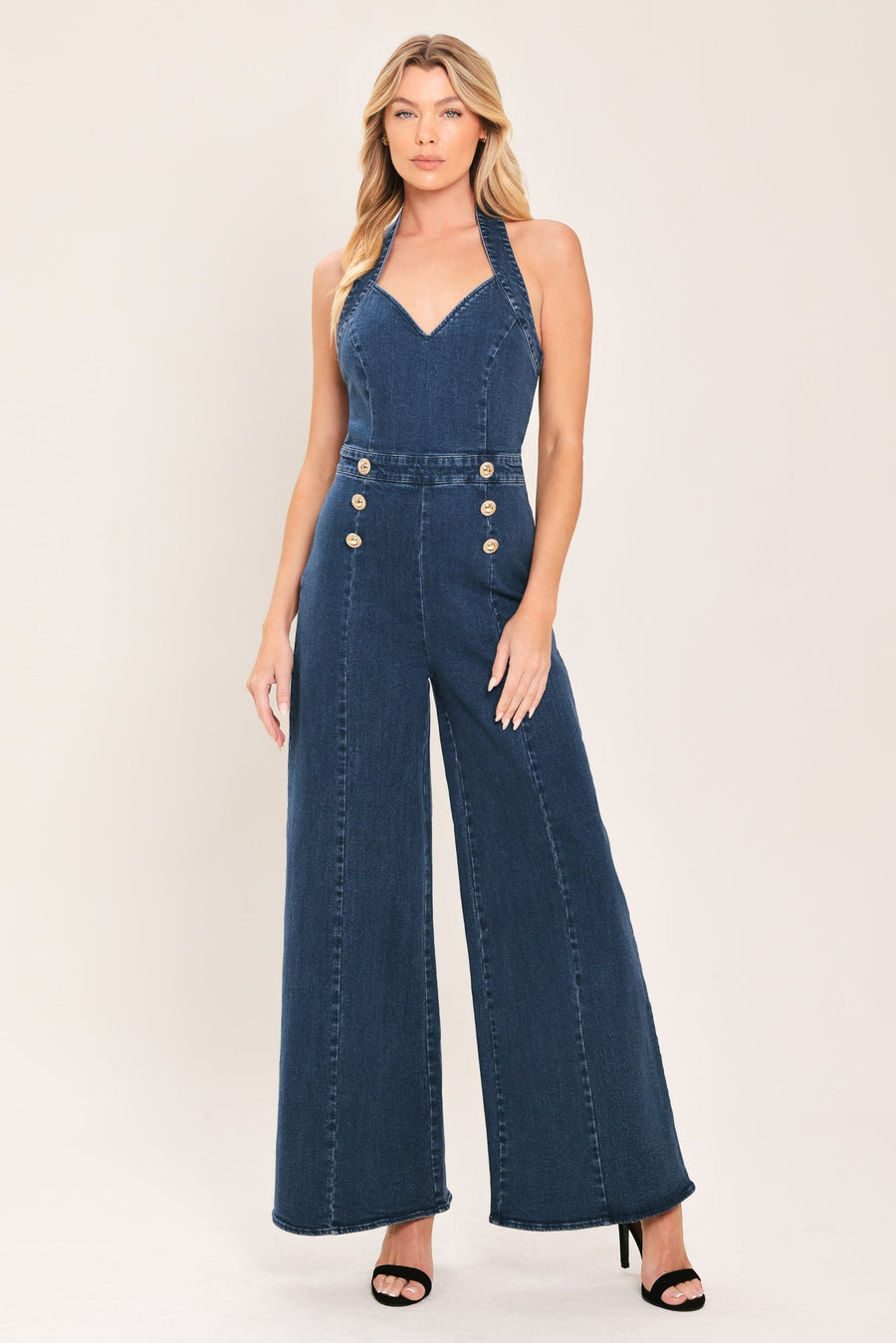 BLUE JEAN HALTER DENIM JUMPSUIT - Glamourous Grace