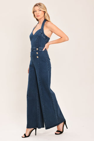 BLUE JEAN HALTER DENIM JUMPSUIT