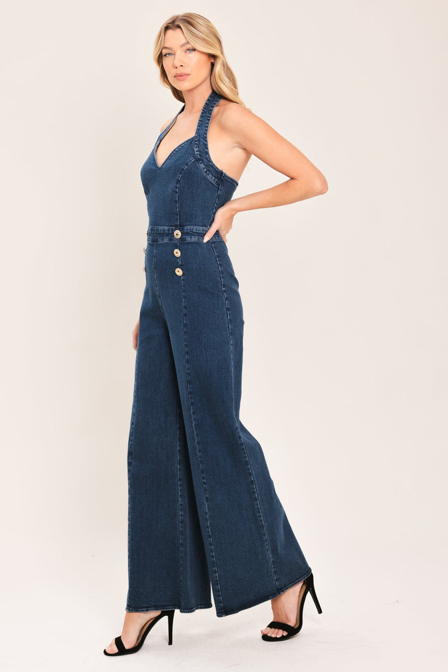 BLUE JEAN HALTER DENIM JUMPSUIT - Glamourous Grace