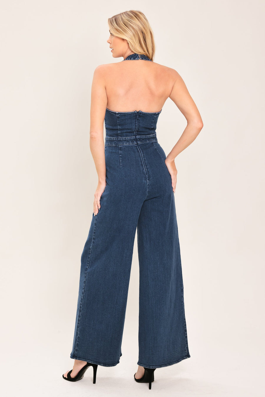 BLUE JEAN HALTER DENIM JUMPSUIT - Glamourous Grace