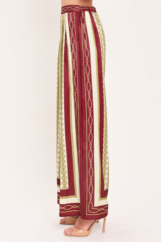 VINTAGE VINE BURGUNDY PRINTED WIDE-LEG PANTS