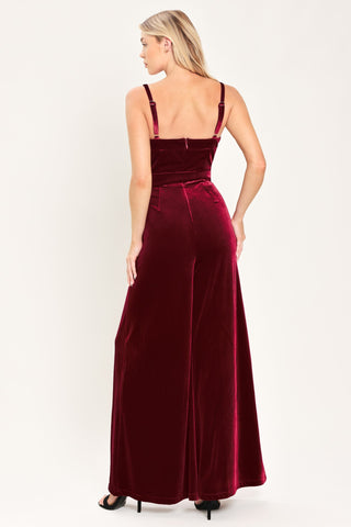 WINE AFTER DARK VELVET BELTED WIDE-LEG JUMPSUIT