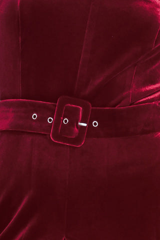 WINE AFTER DARK VELVET BELTED WIDE-LEG JUMPSUIT