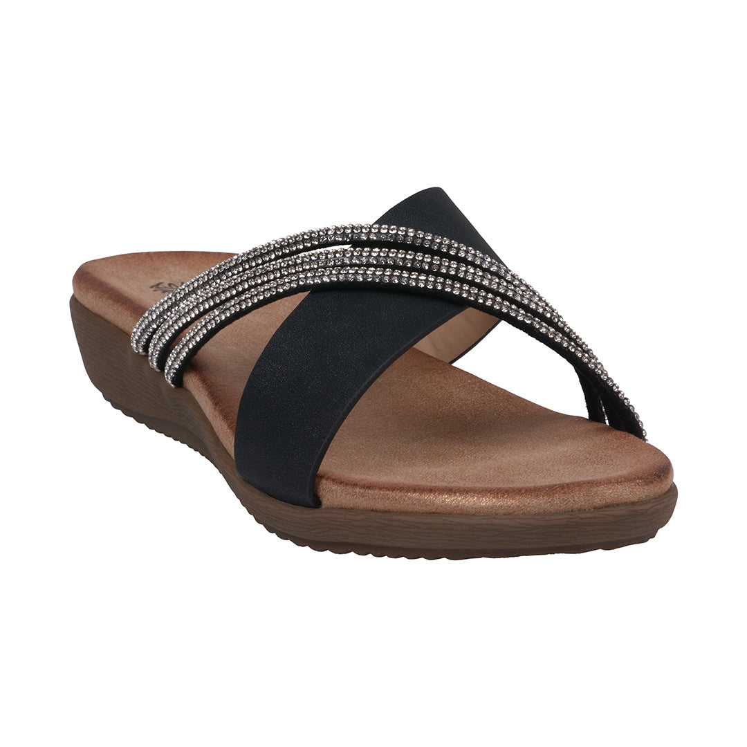 Women's Iris Black Embellished Asymmetrical Flat Sandals - Glamourous Grace